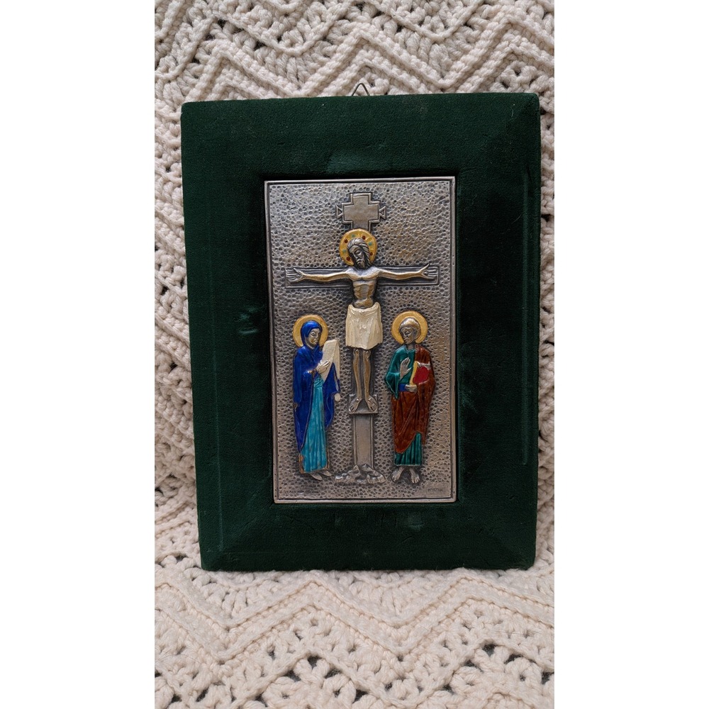 Ottaviani Italy 925 Sterling Silver Enamel Crucifixion Plaque Green Velvet Frame